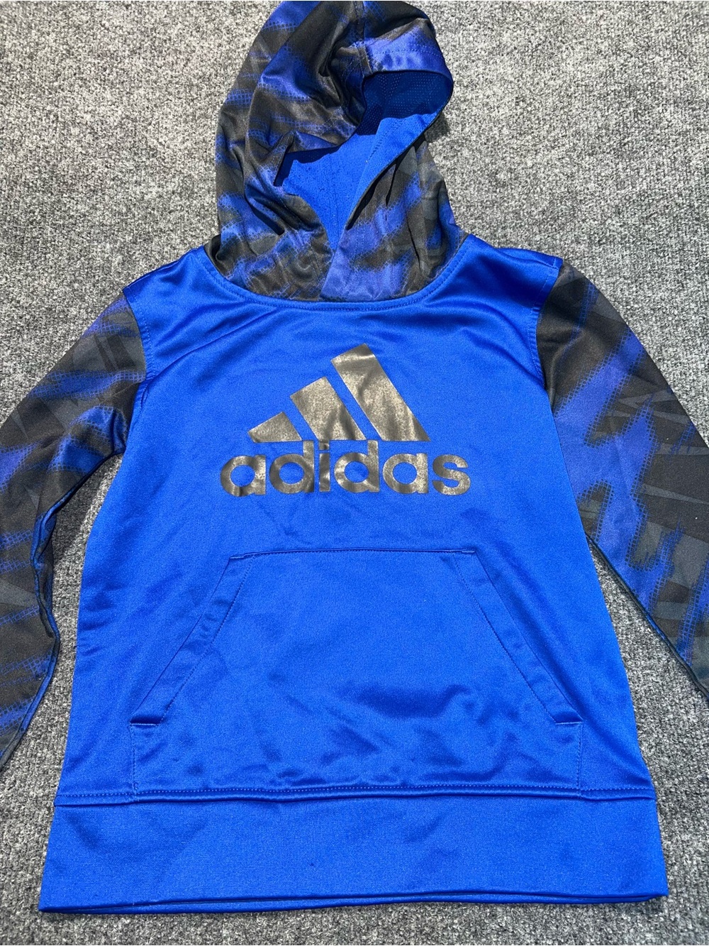 Adidas Boys Royal Blue Hoodie Black Patterned Sleeves Logo Pullover Size 8 S